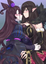  2girls absurdres black_dress black_hair blush breast_on_breast breasts bridal_gauntlets brown_hair commentary_request cone_hair_bun double_bun dress empty_eyes eye_contact fate/apocrypha fate/grand_order fate_(series) frills fur_trim hair_between_eyes hair_bun hair_ornament highres hug large_breasts long_dress long_hair long_sleeves looking_at_another mizuumi_(bb) multiple_girls murasaki_shikibu_(fate) open_mouth pointy_ears puffy_sleeves purple_eyes semiramis_(fate) very_long_hair yellow_eyes yuri 