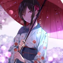  aihara_mei artist_name bad_id bad_pixiv_id black_hair blue_kimono chi_zu_crazy citrus_(saburouta) female floral_print flower hair_flower hair_ornament holding holding_umbrella japanese_clothes kimono looking_at_viewer obi oil-paper_umbrella parted_lips print_kimono rain red_flower red_rose red_umbrella rose sash sidelocks solo tied_hair umbrella upper_body 