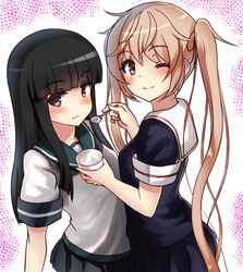  2girls :t ;) black_hair black_serafuku black_skirt blunt_bangs blush brown_eyes collared_shirt commentary_request food hair_ornament hair_ribbon hatsuyuki_(kancolle) ice_cream kantai_collection light_brown_hair long_hair looking_at_viewer multiple_girls murasame_(kancolle) one_eye_closed pleated_skirt ribbon sailor_collar school_uniform serafuku shirt short_sleeves skirt smile spoon tooi_aoiro twintails 