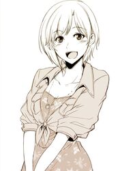  aiba_yumi blush commentary_request female hagane_soushi idolmaster idolmaster_cinderella_girls jewelry looking_at_viewer monochrome necklace open_mouth short_hair simple_background smile solo 