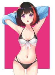  :o absurdres armpits arms_behind_head ass_visible_through_thighs bang_dream! bikini black_hair blackheartxiii blue_shirt blush bob_cut breasts cleavage collarbone commentary_request cowboy_shot female front-tie_top groin halterneck highres looking_at_viewer medium_breasts mitake_ran multi-strapped_bikini multicolored_hair navel purple_background purple_eyes red_hair shirt short_hair solo streaked_hair swimsuit 