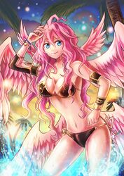  adapted_costume angel angel_wings archangel_metatron_(p&amp;d) bikini blue_eyes breasts cleavage commentary_request dashinoya feathered_wings female long_hair medium_breasts pink_hair puzzle_&amp;_dragons solo swimsuit wavy_hair wet wings 