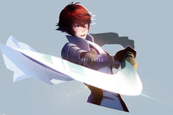  artist_name blush copyright_name female fire_emblem fire_emblem_if gloves grey_background hinoka_(fire_emblem_if) naginata open_mouth orange_eyes polearm red_hair simple_background sly-8 solo teeth upper_body weapon 