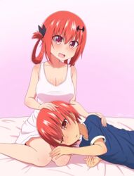  1boy :d artist_name bad_id bad_pixiv_id bat_hair_ornament bed_sheet blue_shirt breasts brother_and_sister check_commentary cleavage collarbone commentary commentary_request dress female gabriel_dropout gradient_background hair_ornament hair_ribbon hair_rings hand_on_another&#039;s_head hand_on_another&#039;s_knee hand_on_another&#039;s_shoulder highres kurumizawa_satanichia_mcdowell&#039;s_brother lap_pillow medium_breasts nyaroon oerba_yun_fang one_eye_closed open_mouth orange_eyes parted_lips purple_eyes red_hair ribbon satanichia_kurumizawa_mcdowell shirt short_hair siblings sitting smile tan wariza white_dress 