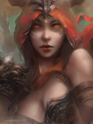  breasts cleavage commentary demon_hunter diablo diablo_(series) diablo_3 elbow_gloves enshanlee facial_mark female gloves glowing glowing_eyes large_breasts looking_at_viewer orange_eyes red_hair solo 