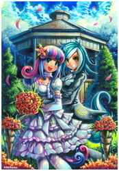  2girls artist_name blue_eyes blue_hair blush bonbon_(my_little_pony) bouquet breasts brown_eyes cleavage commentary commission day dress elbow_gloves emperpep english_commentary flower gazebo gloves green_hair hair_flower hair_ornament holding holding_bouquet horns looking_at_viewer lyra_heartstrings medium_breasts medium_hair multicolored_hair multiple_girls my_little_pony my_little_pony:_friendship_is_magic open_mouth outdoors pantyhose parted_lips personification pink_hair puffy_short_sleeves puffy_sleeves short_hair short_sleeves signature single_horn smile square_neckline standing tail teeth wedding wedding_dress white_dress white_gloves white_hair white_legwear wife_and_wife yuri 