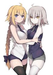  2girls absurdres asymmetrical_docking bad_id bad_twitter_id between_breasts black_legwear blonde_hair blue_eyes braid breast_press breasts brown_eyes brown_hair cosplay fate/apocrypha fate/grand_order fate_(series) from_side highres hug jeanne_d&#039;arc_(fate) jeanne_d&#039;arc_(girl_from_orleans)_(fate) jeanne_d&#039;arc_(girl_from_orleans)_(fate)_(cosplay) jeanne_d&#039;arc_alter_(avenger)_(fate) jeanne_d&#039;arc_alter_(fate) large_breasts long_hair multiple_girls necktie necktie_between_breasts ponytail purple_shirt shirt short_hair short_shorts shorts sleeveless sleeveless_shirt thighhighs tomo_(ryo_i_so_) very_long_hair white_legwear white_shirt 