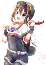  :d backpack bad_id bad_pixiv_id bag baseball_cap belt black_hat black_leggings blue_eyes blush bodysuit bow braid breasts brown_hair choker cleavage collarbone cosplay covered_navel crop_top female female_protagonist_(pokemon_go) female_protagonist_(pokemon_go)_(cosplay) fingerless_gloves gloves hair_between_eyes hair_ornament hairbow hairpin hat highres kantai_collection leggings long_sleeves looking_at_viewer mashiro_aa open_mouth pokemon pokemon_go red_bow round_teeth shigure_(kancolle) shigure_kai_ni_(kancolle) single_braid skin_tight small_breasts smile solo teeth thigh_gap 