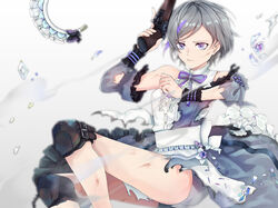  bad_id bad_pixiv_id bow bowtie commentary_request contender_(flowerful_maid)_(girls&#039;_frontline) contender_(girls&#039;_frontline) dress female frills girls&#039;_frontline grey_hair gun handgun holding holding_gun holding_weapon karen_ngao knee_pads maid_headdress multicolored_hair official_alternate_costume photoshop_(medium) purple_bow purple_eyes purple_hair shirt short_hair sleeveless sleeveless_shirt solo streaked_hair thompson/center_contender torn_clothes torn_dress weapon white_shirt 