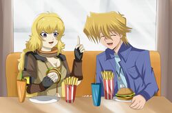  1boy blonde_hair breasts closed_eyes commission crossover drink female food gloves hamburger hikariangelove japan japanese_flag joey_wheeler jounouchi_katsuya long_hair neck_collar open_mouth purple_eyes rwby short_hair talking yang_xiao_long yu-gi-oh! yuu-gi-ou yuu-gi-ou_duel_monsters 