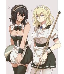  2girls alpachiiino alternate_costume andou_(girls_und_panzer) apron ascot black_bow black_dress black_hair black_hairband black_legwear black_neckwear black_skirt blonde_hair blue_eyes blush bow bowtie breasts brooch broom brown_eyes cleavage closed_mouth commentary dark-skinned_female dark_skin detached_collar dress embarrassed enmaided frilled_apron frilled_dress frills girls_und_panzer hairband holding jewelry light_frown lolita_hairband looking_at_viewer maid maid_headdress medium_breasts medium_hair messy_hair miniskirt multiple_girls neckerchief oshida_(girls_und_panzer) pantyhose pillarboxed pleated_skirt protected_link puffy_short_sleeves puffy_sleeves shirt short_dress short_sleeves shout_lines single_horizontal_stripe skirt skirt_tug sparkle standing strapless strapless_dress sweatdrop thighhighs tray waist_apron white_apron white_bow white_legwear white_neckerchief white_shirt 