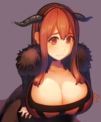  bad_id bad_pixiv_id breasts cleavage female fur_trim highres horns huge_breasts leaning_forward long_hair maou_(maoyuu) maoyuu_maou_yuusha mogu_(kanikama_mgmg) purple_background raised_eyebrows red_eyes red_hair simple_background smile solo 