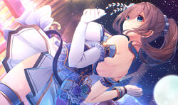  alternate_costume asymmetrical_gloves blue_eyes breasts commentary_request dutch_angle elbow_gloves female flower gloves highres idolmaster idolmaster_cinderella_girls idolmaster_cinderella_girls_starlight_stage large_breasts long_hair looking_away moon night rose sagisawa_fumika skirt sky solo star_(sky) starry_sky tatapopo uneven_gloves 