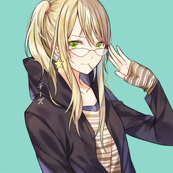  adjusting_eyewear aihara_yuzu artist_name bad_id bad_pixiv_id black_jacket blonde_hair brown_shirt chi_zu_crazy citrus_(saburouta) collarbone female glasses green_background green_eyes hair_between_eyes hood hooded_jacket jacket long_hair looking_at_viewer mouth_hold open_clothes open_jacket shirt side_ponytail simple_background smile solo striped_clothes striped_shirt upper_body 