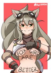  absurdres animal_ears blush body_writing breasts cleavage commentary english_commentary english_text female fox_ears fox_tail gloves goggles green_eyes hair_flaps halterneck highres large_breasts lily_the_mechanic long_hair looking_at_viewer lost_pause navel smile solo tail twitter_username underboob ysui0000 