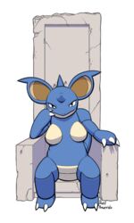  2_toes 3:5 3_fingers alpha_channel blue_body chair claws dakkpasserida feet female fingers furniture generation_1_pokemon horn looking_at_viewer nidoqueen nintendo pokemon pokemon_(species) signature simple_background sitting slouch solo throbbing throne toe_claws toes transparent_background white_claws 