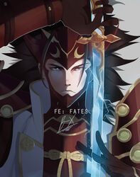  1boy armor artist_name brown_eyes brown_hair copyright_name fire_emblem fire_emblem_if gloves grey_background highres japanese_armor katana long_hair portrait ryouma_(fire_emblem_if) simple_background sly-8 solo sword weapon 