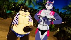  16:9 2018 3d_(artwork) anthro beach canid canine canis clothed clothing digital_media_(artwork) domestic_dog duo hati_(tas) kemono lifewonders looking_at_viewer male malicekira mammal moritaka_(tas) muscular muscular_male navel nipples open_mouth sand scar seaside slightly_chubby smile speedo standing swimwear tokyo_afterschool_summoners topless towel towel_around_neck widescreen wolf 