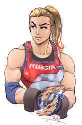  2016_summer_olympics alternate_costume blonde_hair braid brown_eyes champion_zarya commentary english_commentary female leotard looking_to_the_side muscular muscular_female nail_polish olympics overwatch overwatch_1 russian_clothes russian_flag signature simple_background solo vashperado zarya_(overwatch) 