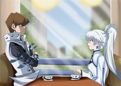  1boy arm_bands blue_eyes brown_hair commission crossed_arms crossover earrings female from_side hikariangelove jewelry kaiba_seto long_hair looking_at_each_other ponytail rwby short_hair smile table tea_cups weiss_schnee white_clothes white_hair yu-gi-oh! yuu-gi-ou yuu-gi-ou_duel_monsters 