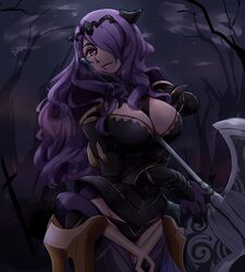  armor axe bare_tree battle_axe between_breasts black_armor black_panties boots breasts camilla_(fire_emblem) cleavage cloud commentary_request corset female fire_emblem fire_emblem_fates gloves groin large_breasts lips long_hair looking_at_viewer night night_sky nm222 panties purple_eyes purple_gloves purple_hair sky smile solo star_(sky) starry_sky strap thigh_boots thighhighs tiara tree underwear vambraces very_long_hair weapon 