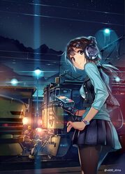  3boys artist_name black_gloves black_hair black_legwear black_skirt blue_eyes blue_shirt breasts commentary_request cropped_jacket digital_media_player female gloves hard_hat headphones helmet holding jumpsuit lamppost long_hair long_sleeves looking_at_viewer medium_breasts mountain multiple_boys night night_sky original outdoors pantyhose photoshop_(medium) pleated_skirt railroad_tracks revision scenery shirt single_glove skirt sky smile squatting star_(sky) starry_sky twitter_username ultrasone vania600 watch watermark wire wristwatch 