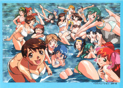  6+girls adjusting_hair american_flag american_flag_bikini american_flag_print aqua_hair asahina_natsuki asahina_yurina ass barefoot bikini blue_eyes blue_hair breasts brown_eyes christine_garland dark-skinned_female dark_skin diving double_bun everyone flag_print fujiwara_aya green_eyes green_hair hair_bun hair_ribbon hairband hayasaka_akira headband highres holding kaori_(super_real_mahjong) kasumi_(super_real_mahjong) kayama_tamami kinomiya_yukari kozue_hinako kurihara_mari large_breasts leaning_forward light_brown_hair long_hair looking_at_viewer looking_back mana_(super_real_mahjong) microphone miki_(super_real_mahjong) mole mole_under_eye mole_under_mouth multiple_girls navel o-ring o-ring_bikini open_mouth orange_hair photoshop_(medium) print_bikini randou_serika ribbon serizawa_kasumi serizawa_miki shiny_skin shoko_(super_real_mahjong) smile striped_bikini striped_clothes super_real_mahjong swimsuit tanaka_ryou toono_mizuki toyohara_etsuko v_arms wading water yuu_(super_real_mahjong) 