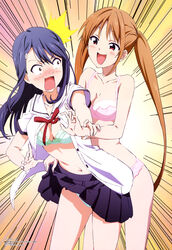  2girls :d absurdres aho_girl black_hair black_skirt blush bra breasts brown_eyes brown_hair cleavage clothes_lift collarbone cowboy_shot embarrassed fuuki_iinchou_(aho_girl) green_bra hair_ornament hanabatake_yoshiko highres katou_hiromasa long_hair magazine_scan medium_breasts megami_magazine midriff miniskirt multiple_girls navel official_art official_style open_clothes open_mouth open_shirt panties pink_bra pink_panties red_eyes scan shirt short_sleeves skirt skirt_lift smile standing stomach twintails underwear underwear_only very_long_hair white_panties white_shirt 