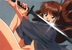  asuka_(viper) brown_hair female floating_hair glint hair_spread_out holding holding_sword holding_weapon katana katsura_ken&#039;ichirou long_hair long_sleeves naked_robe navel official_art open_mouth photoshop_(medium) robe solo sword viper viper_ctr weapon 