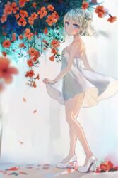  ass bangs bare_shoulders blonde_hair blue_eyes blurry breasts commentary depth_of_field dress eyebrows_visible_through_hair flower from_side full_body hair_bun high_heels highres looking_at_viewer looking_to_the_side original plant sabet_(young_ouo) see-through see-through_silhouette shoes short_hair skirt_hold small_breasts solo standing strapless strapless_dress sundress trumpet_creeper vines white_dress white_footwear 