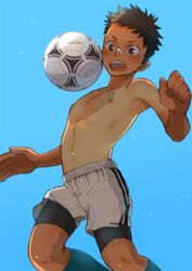  1boy ball bike_shorts blush commentary_request male_focus nakayuki_t nipples open_mouth original pectorals playing_sports simple_background soccer_ball solo sportswear tan tango_(soccer_ball) topless_male 