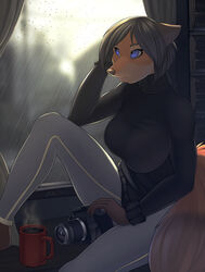  2016 absurd_res anthro beverage big_breasts biped black_hair black_nose blue_eyes bottomwear breasts camera canid canine claws clothed clothing coffee container cup female fox fur hair hi_res inside mammal orange_body orange_fur pants rada_(woadedfox) raining short_hair sitting solo sweater topwear turtleneck window window_seat woadedfox 