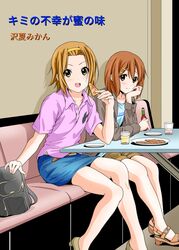  2girls bag bench blush bottle brown_eyes brown_hair casual chair commentary_request denim denim_skirt dresstrip food glass hair_ornament high_heels hirasawa_yui holding holding_food holding_pizza hot_sauce k-on! looking_at_viewer miniskirt multiple_girls open_mouth pizza plate polo_shirt sandals shirt shoes short_hair shorts sitting skirt smile tabasco tainaka_ritsu 