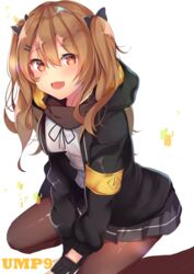  :d armband ashino between_legs black_bow black_gloves black_jacket black_skirt blush bow breasts brown_eyes brown_hair brown_pantyhose character_name commentary_request female fingerless_gloves girls&#039;_frontline gloves hair_between_eyes hair_ornament hairbow hairclip highres hood hood_down hooded_jacket jacket long_hair long_sleeves looking_at_viewer miniskirt open_clothes open_jacket open_mouth pantyhose shirt sitting skirt small_breasts smile solo twintails ump9_(girls&#039;_frontline) wariza white_background white_shirt yellow_armband 