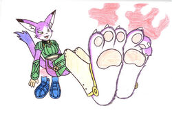  .hack 3_toes anthro barefoot big_ears biped blue_body blue_fur clothed clothing cyberconnect2 domestic_cat feet felid feline felis foot_focus footwear fur mammal mia_(.hack) mintymousyx_(artist) pawpads shoes smelly smelly_feet soles solo toes 