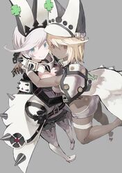  2girls ahoge ascot bad_id bad_twitter_id belt belt_bra bouquet breasts bridal_veil cape cleavage cleavage_cutout clothing_cutout clover colored_eyelashes commentary_request dark-skinned_female dark_skin elphelt_valentine flower four-leaf_clover guilty_gear guilty_gear_xrd gun hat highres hug huge_ahoge large_breasts long_sleeves multiple_girls orange_eyes platinum_blonde_hair puffy_long_sleeves puffy_sleeves ramlethal_valentine rose short_shorts shorts siblings simple_background sisters spikes spoilers tefec thigh_strap underboob veil weapon white_hair 