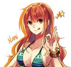  :q bikini bracelet breasts character_name cleavage collarbone commentary earrings english_commentary female green_bikini hair_between_eyes jewelry long_hair looking_at_viewer medium_breasts nami_(one_piece) namiey one_piece orange_hair solo star_(symbol) striped swimsuit tattoo tongue tongue_out upper_body white_background yellow_eyes 