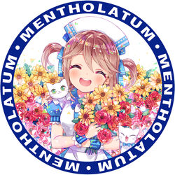  :d animal animal_on_shoulder bad_id bad_pixiv_id border bouquet brown_hair cat_on_shoulder closed_eyes commentary copyright_name facing_viewer feline female flower green_eyes hat little_nurse mentholatum nurse_cap open_mouth photoshop_(medium) round_image short_twintails smile solo twintails upper_body white_cat zenyu 