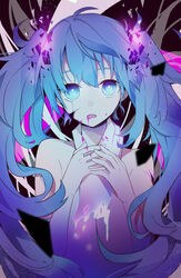  ahoge aqua_eyes aqua_hair blood cracked_skin female ghost_rule_(vocaloid) hand_around_neck hand_on_another&#039;s_neck hatsune_miku head_tilt highres irucha long_hair looking_at_viewer open_mouth own_hands_together pink_blood solo_focus twintails upper_body very_long_hair vocaloid 