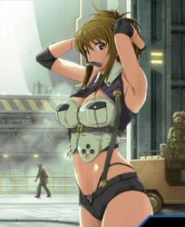  armpits banpresto bare_shoulders breasts cleavage female full_body green_hair kisaragi_chitose large_breasts long_hair navel shorts solo super_robot_wars super_robot_wars_v thighs 