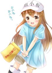  :d black_footwear blue_shirt blush boots brown_eyes brown_hair brown_shorts commentary female flag flat_cap hair_between_eyes hat hataraku_saibou holding holding_flag inahori long_hair looking_at_viewer open_mouth platelet_(hataraku_saibou) round_teeth shirt short_shorts short_sleeves shorts simple_background smile solo teeth translation_request upper_teeth_only very_long_hair white_background white_hat 