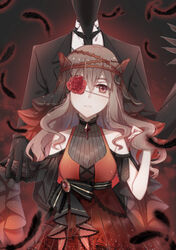  1boy black_feathers black_gloves black_jacket black_necktie brown_hair character_request commentary_request dress eyepatch feathers female flower flower_eyepatch formal gloves hair_between_eyes hair_ornament head_tilt idass_(idass16) jacket long_hair looking_at_viewer necktie red_eyes red_flower red_rose rose shirt sleeveless sleeveless_dress white_shirt 