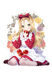  apple bad_id bad_pixiv_id blonde_hair blush bow female food fruit furururu green_eyes grey_pantyhose hairband holding holding_food holding_fruit long_hair long_sleeves looking_at_viewer original pantyhose parted_lips red_bow sitting solo wariza 