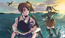  2girls aircraft airplane armor armored_boots arrow_(projectile) blue_hakama boots bow_(weapon) brown_eyes brown_hair brown_hakama camouflage closed_mouth cloud commentary_request day eye_contact flight_deck gloves green_eyes green_hair grey_hair hair_between_eyes hakama hakama_short_skirt hakama_skirt japanese_clothes kaga_(kancolle) kantai_collection kimono long_hair looking_at_another machinery mast multiple_girls muneate ocean open_mouth outstretched_arm partially_fingerless_gloves quiver reaching remodel_(kantai_collection) rigging shaded_face side_ponytail skirt sky smile splashing sunset tasuki tsuta_no_ha twintails water weapon white_kimono yugake zuikaku_(kancolle) 