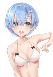  :d aimee_(emi) bikini black_bow blue_eyes blue_hair bow breast_poke breasts cleavage commentary_request deep_skin eyelashes female front-tie_bikini_top front-tie_top hair_ornament hair_over_one_eye hairclip halterneck looking_at_viewer medium_breasts open_mouth photoshop_(medium) poking poking_self re:zero_kara_hajimeru_isekai_seikatsu rem_(re:zero) shiny_skin short_hair simple_background smile solo swimsuit upper_body white_background white_bikini x_hair_ornament 