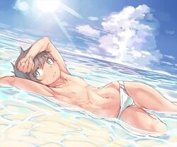  1boy bad_id bad_pixiv_id black_hair blue_eyes cloud day dutch_angle male_focus male_swimwear nayoshi_(r-744) original partially_submerged solo sun swim_briefs water 