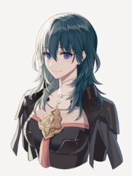  armor black_armor blue_eyes blue_hair bodice breasts bustier byleth_(female)_(fire_emblem) byleth_(fire_emblem) closed_mouth commentary female fire_emblem fire_emblem:_three_houses long_hair short_sleeves shoulder_armor simple_background smile solo srb7606 tassel turtleneck upper_body white_background 