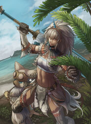  animal_ears armor bad_id bad_pixiv_id belt blue_eyes cat_ears commentary_request day elbow_gloves feline felyne female gloves greatsword hairband highres hilld holding holding_sword holding_weapon horns huge_weapon island kirin_(armor) long_hair mafumofu_(armor) midriff monster_hunter_(character) monster_hunter_(series) navel ocean outdoors over_shoulder photoshop_(medium) plant red_eyes single_horn strapless sword tan tube_top water weapon weapon_over_shoulder white_hair 