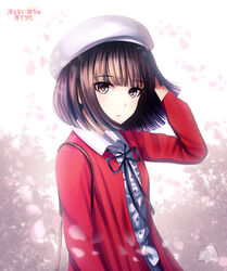  beret blush brown_eyes brown_hair commentary_request copyright_name critter100 female hat katou_megumi long_sleeves looking_at_viewer parted_lips photoshop_(medium) saenai_heroine_no_sodatekata short_hair solo upper_body 