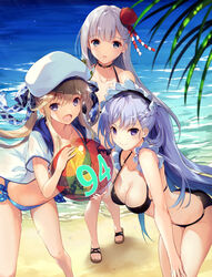  3girls akanebi alternate_costume ass azur_lane ball bare_shoulders beach beachball belfast_(azur_lane) beret bikini black_bikini blonde_hair blue_bikini blue_eyes blue_sky blush braid breasts chains choker cleavage cloud collar collarbone commentary_request cucouroux_(granblue_fantasy) day french_braid frills granblue_fantasy hair_ornament hair_ribbon has_bad_revision hat highres holding holding_ball large_breasts leaning_forward long_hair looking_at_viewer md5_mismatch medium_breasts mole mole_under_eye multiple_girls ocean open_mouth outdoors palm_leaf resolution_mismatch ribbon sand sandals shoukaku_(azur_lane) sky smile source_larger swimsuit thighs twintails waves white_hair 